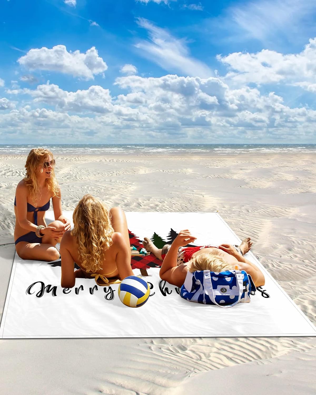Christmas Tree Buffalo Pine Forest Plants Beach Blanket Waterproof Sandproof Outdoor Picnic Mat 118"x108" White Lightweight Large Beaach Blankets with 4 Stake & 4 Corner Pockets