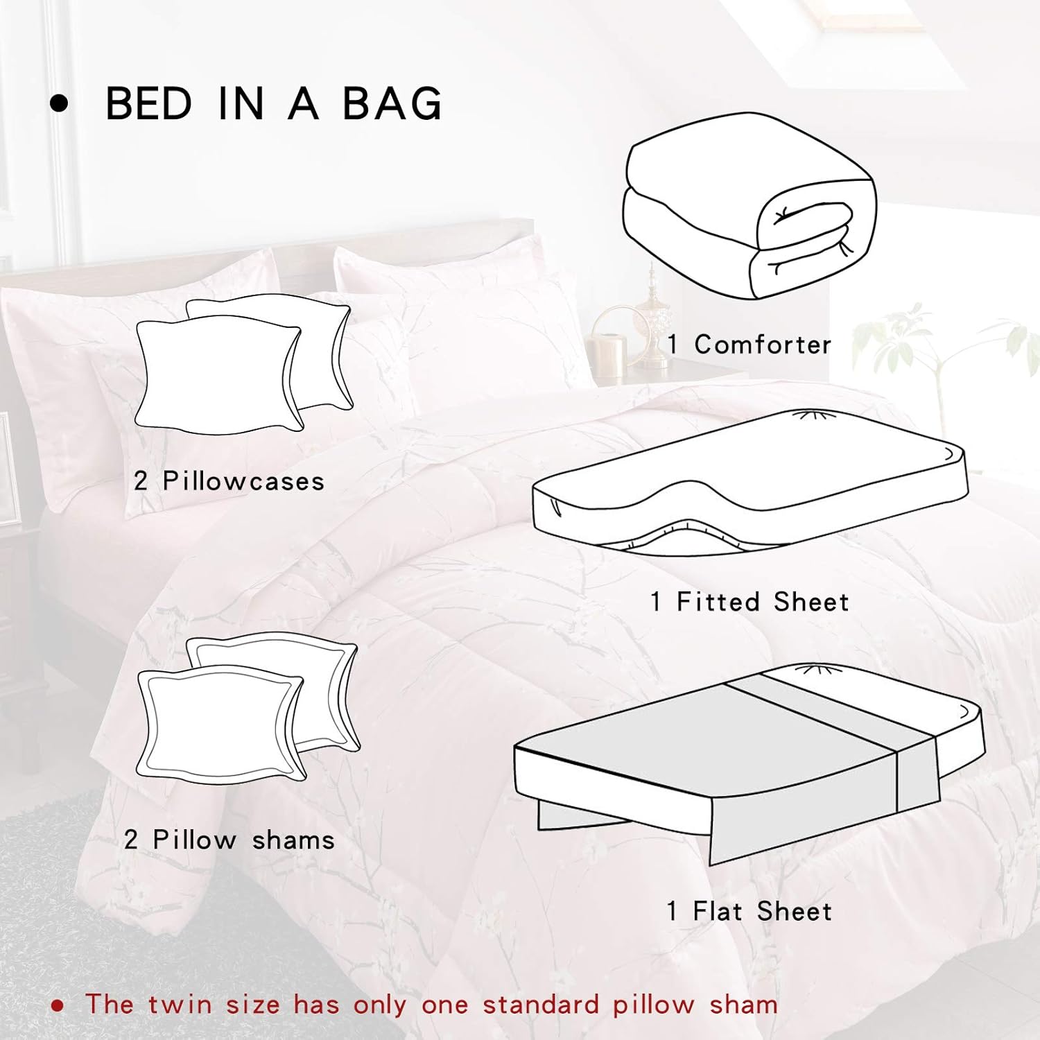 AIKASY Bed in a Bag 6 Pieces Twin Size - Floral Print - Soft Microfiber, Reversible Bed Comforter Set (1 Comforter, 2 Pillow Shams, 1 Flat Sheet, 1 Fitted Sheet, 1 Pillowcases)(Pink, Twin) - Image 7