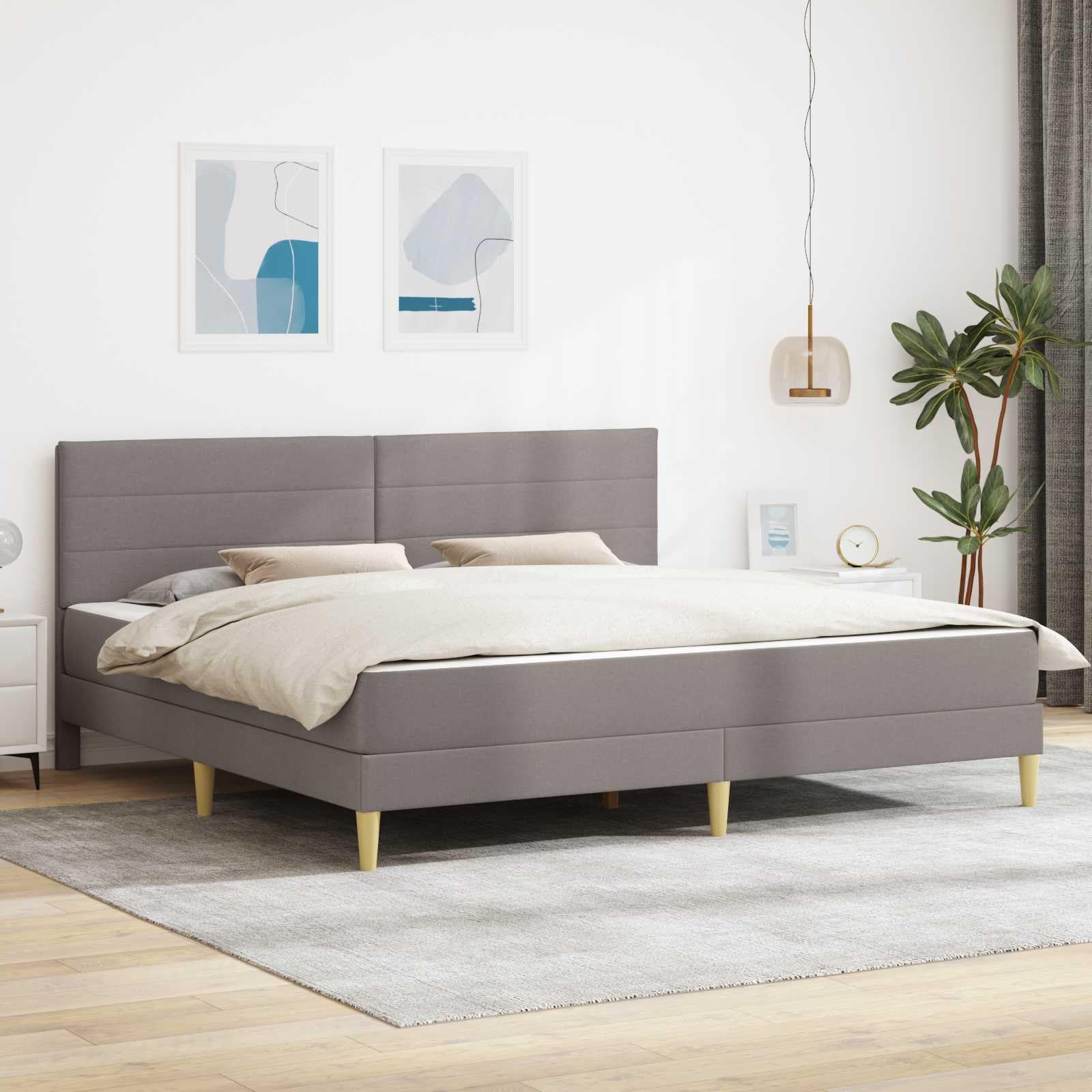 Rama łóżka 200 x 200 cm, kolor taupe z materacem, rama ze sklejki, stelaż listewkowy, zagłówek, do wnętrz, łatwa w pielęgnacji, stabilna do 280 kg, do sypialni dla wysokiego komfortu spania