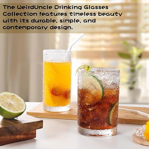 Miniatura 5 de Juego de 4 vasos vintage en relieve, 2 vasos de vidrio Collins de 12 onzas y 2 vasos altos de 16 onzas, transparentes, Art Deco, para cerveza, agua,