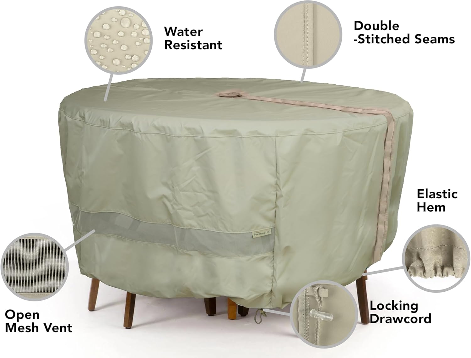Covermates Elite Outdoor Round Dining Table & Chair Set Cover – All-Weather Polyester, Mesh Ventilation, Adjustable Drawcord & Buckle Straps, with Umbrella Hole 86 Diameter x 40H, Khaki