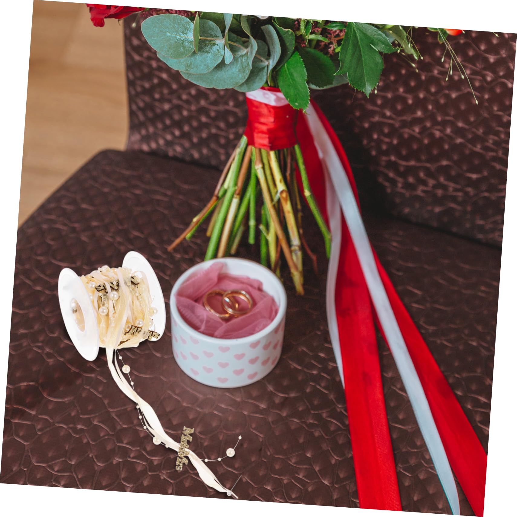 Housoutil 4 Rollen Hochzeitsdekorationsband Braut- wünschen dekorativ Stoffbänder Party groß Drahtband für Kränze DIY -Band Hochzeitsbänder gewebte Bänder Band für Ornamente Polyester Golden
