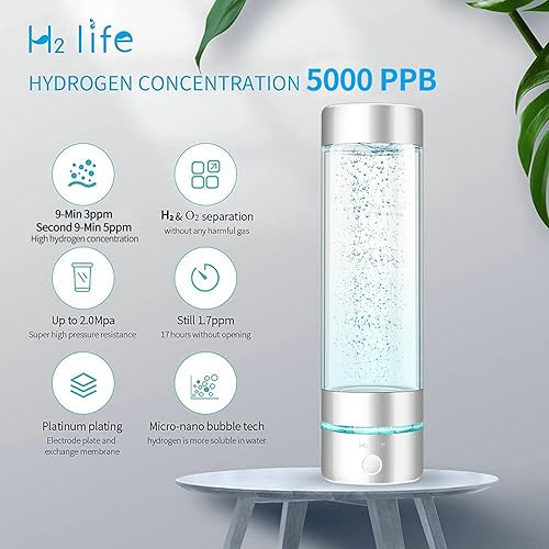 Miniatura 2 de Botella de agua deportiva de hidrógeno, generador de agua profesional rico en hidrógeno con SPE y PEM, 10.8 fl oz 5000PPB generador de agua de