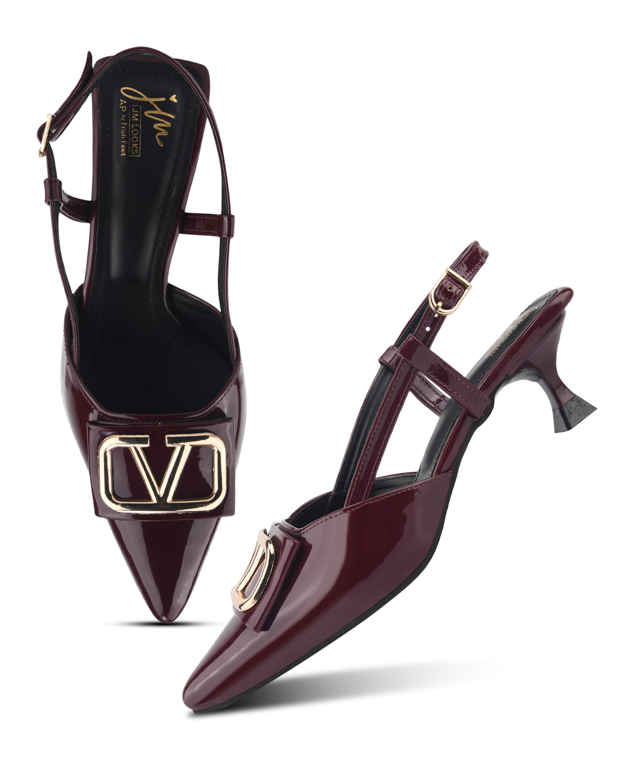 jm looks Chic Pointed Toe Slingback Kitten Heels Fashionable Glossy Pumps with Metallic Buckle Accent-picture-41