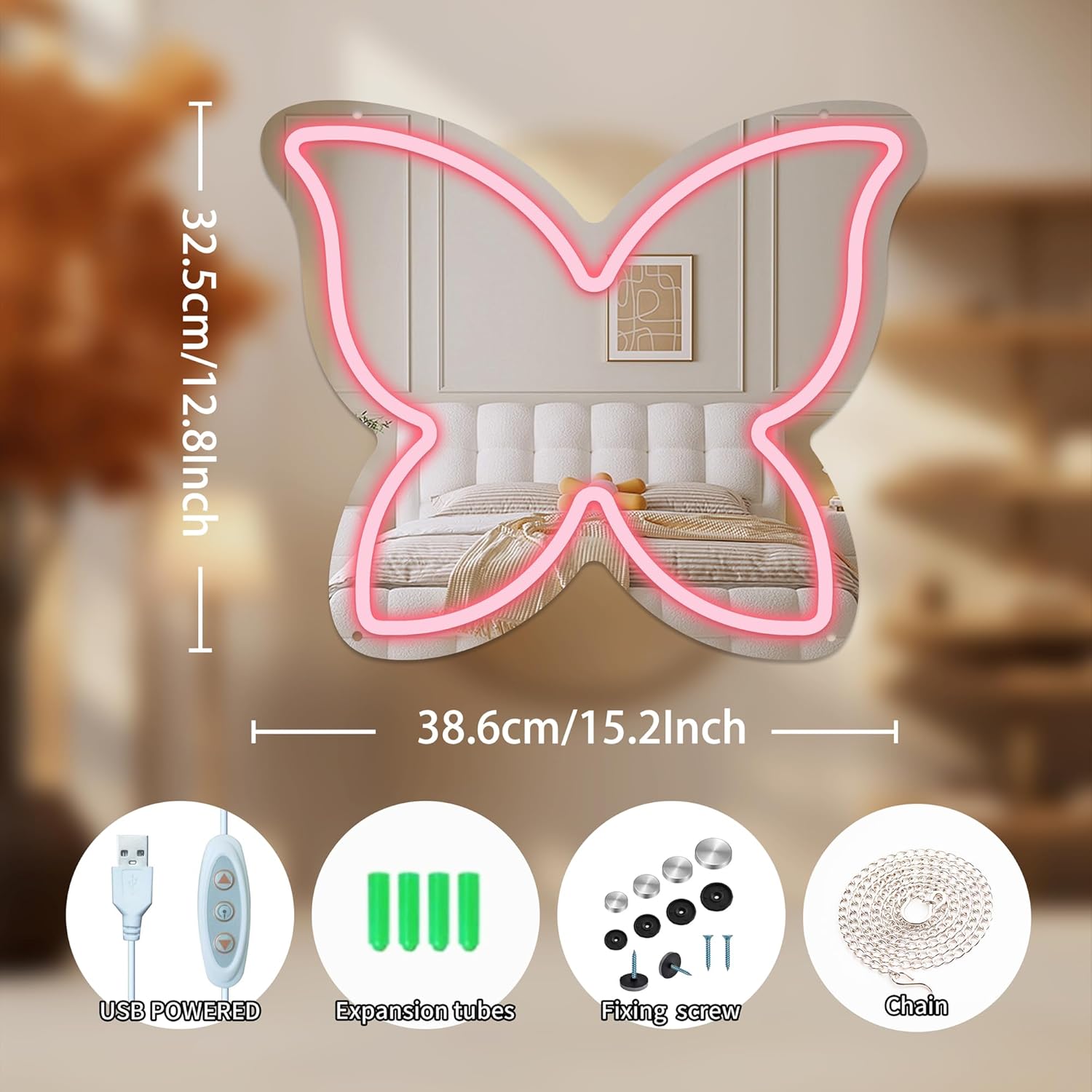 Anime Butterfly Mirror with Light Neon Signs for Locker Room Living Room Girl's Bedroom, Cute Acrylic Mirror with Dimmable for Girl Gifts, Cute Butterfly Decor