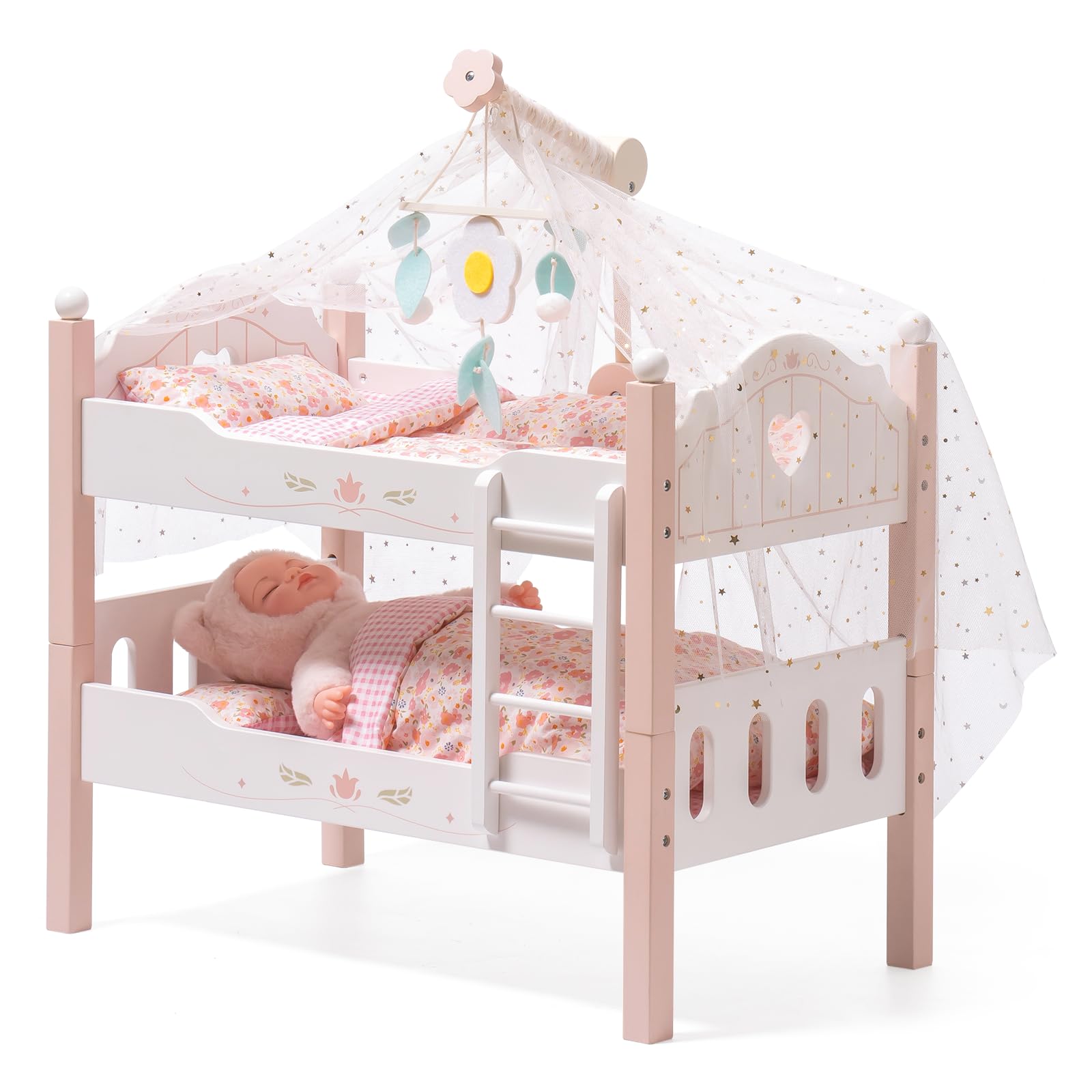 ROBUD Baby Doll Crib, Wooden Baby Doll Beds for 20 Inch Dolls, Baby Doll Bunk Beds with Tulle, American Girl Doll Bed for Gifts, Pink