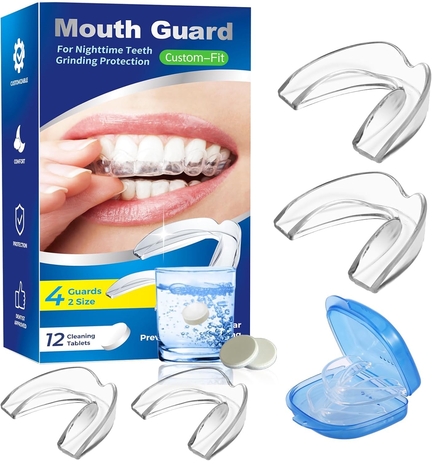 Mouth Guard for Grinding Teeth at Night, Night Guards for Teeth Grinding, Mouthguards for Grinding of Teeth, Mouth Guard for Clenching Teeth at Night with 12 Cleaning Tablets