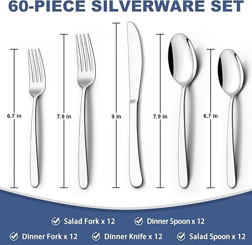 Miniatura 2 de Wildone - Juego de cubiertos de 60 piezas para 12, juego de cubiertos de acero inoxidable de alta calidad, juego de cubiertos de alta resistencia