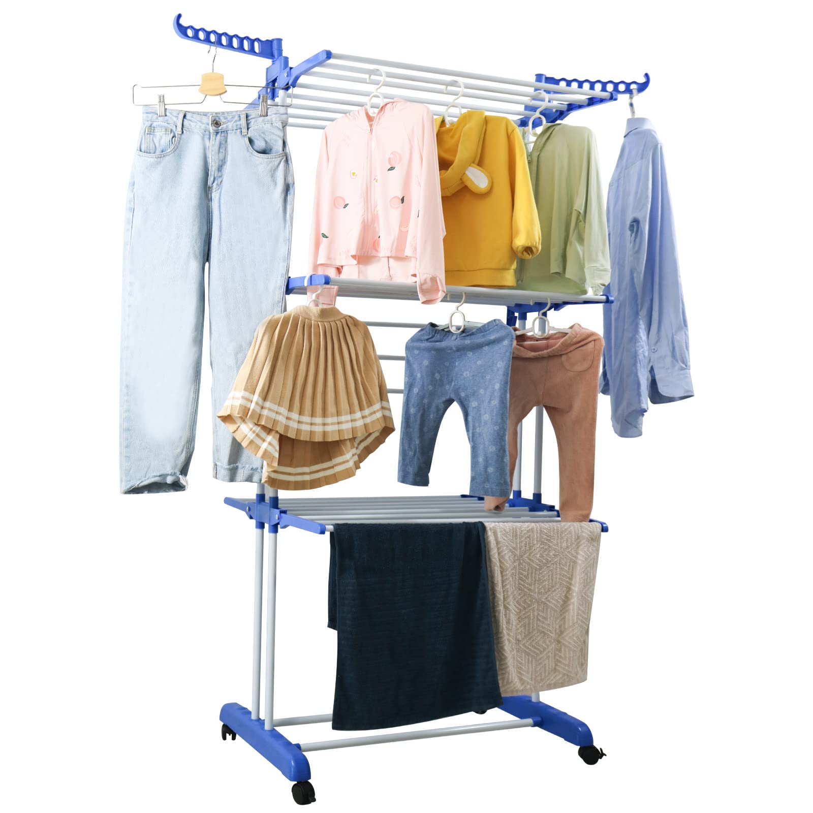 Photo 1 of **USED**
Foldable Clothes Drying Racks with Storage Shelves, Garment Rack with Rolling Free-Standing Clothing Rack Closet Organizer with Double Rods/Lockable Wheels & 2 Pairs Side Hooks (Blue)