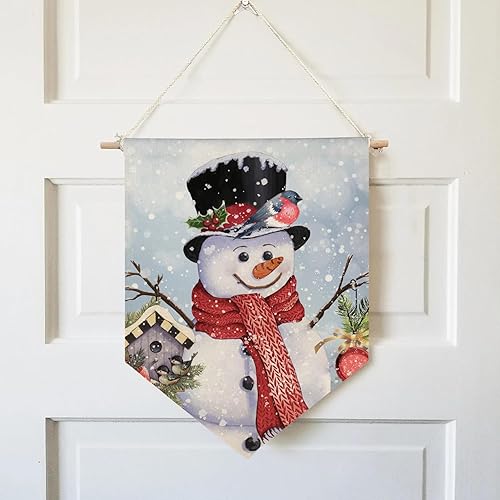 Miniatura 3 de Banderín colgante de muñeco de nieve, decoración de pared, invierno, Navidad, pájaros, bayas de acebo, decoración de nieve, bandera colgante para