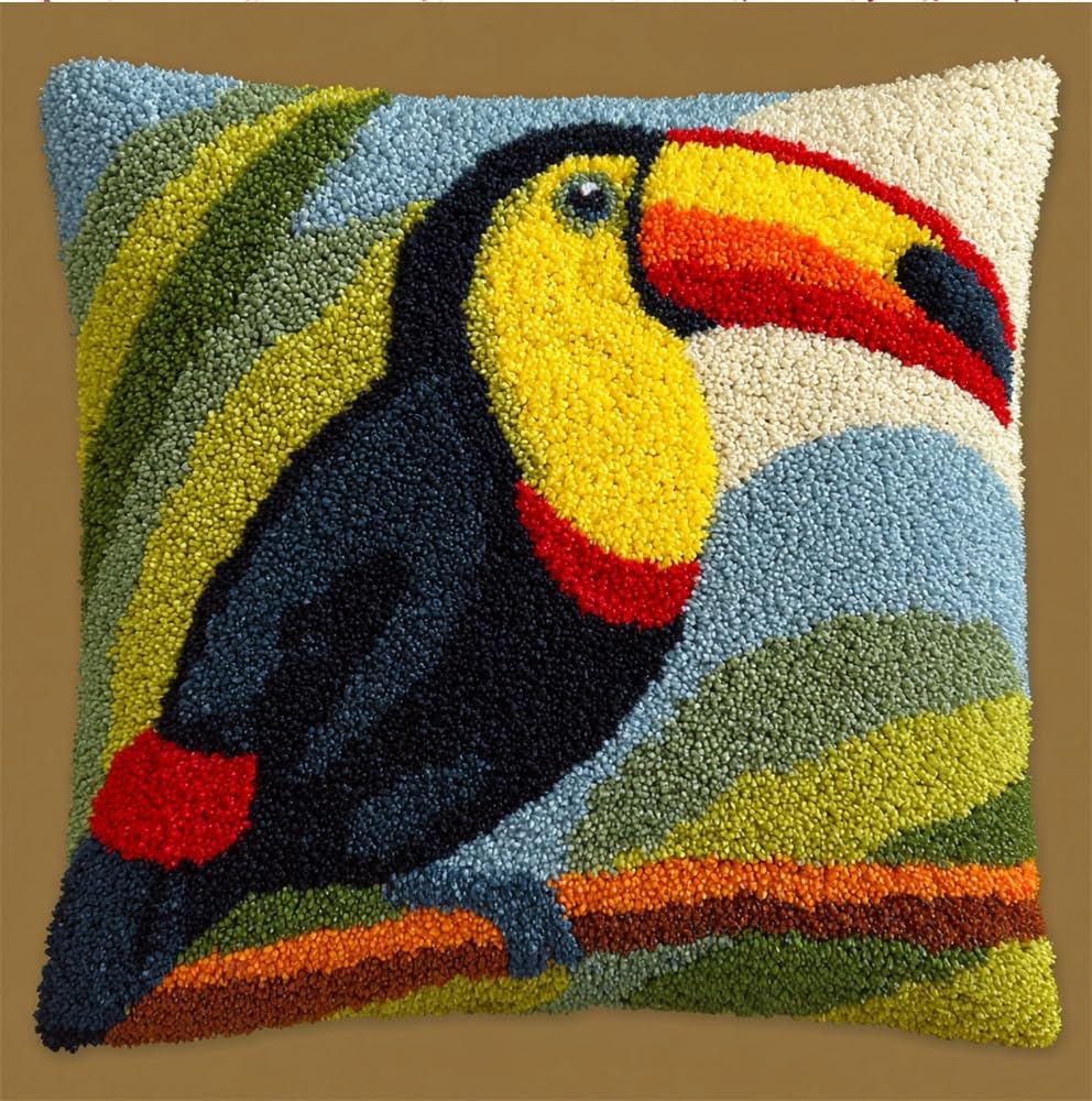 kitphoenix Cushion Covers Craft Kits Animal Latch Hook Kits for Adults Beginners Toucan Animal Making Crochet Pre Printed Canvas Wool Yarn Hobbies DIY Sofa Home Decor Women Gift 17X17Inch