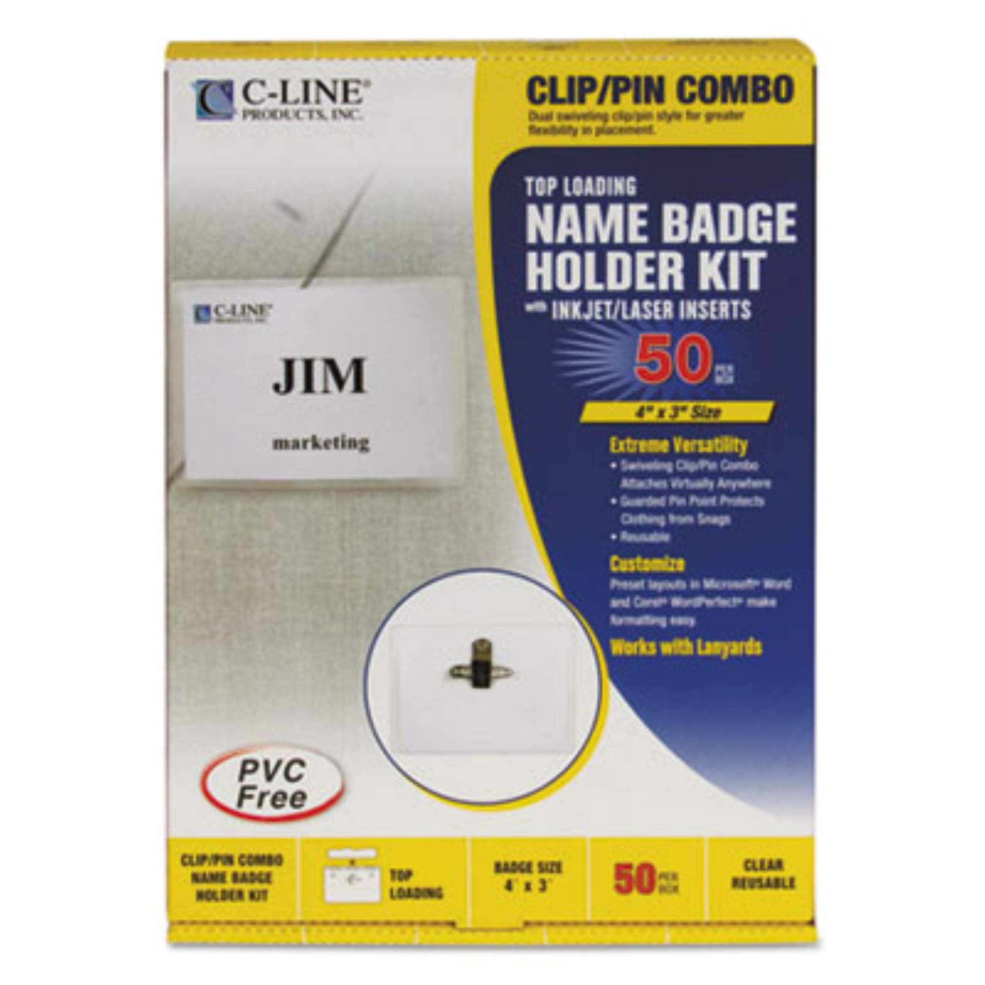 C-line Lot de 50 porte-badges avec clip et épingle Transparent 10 x 7,6 cm