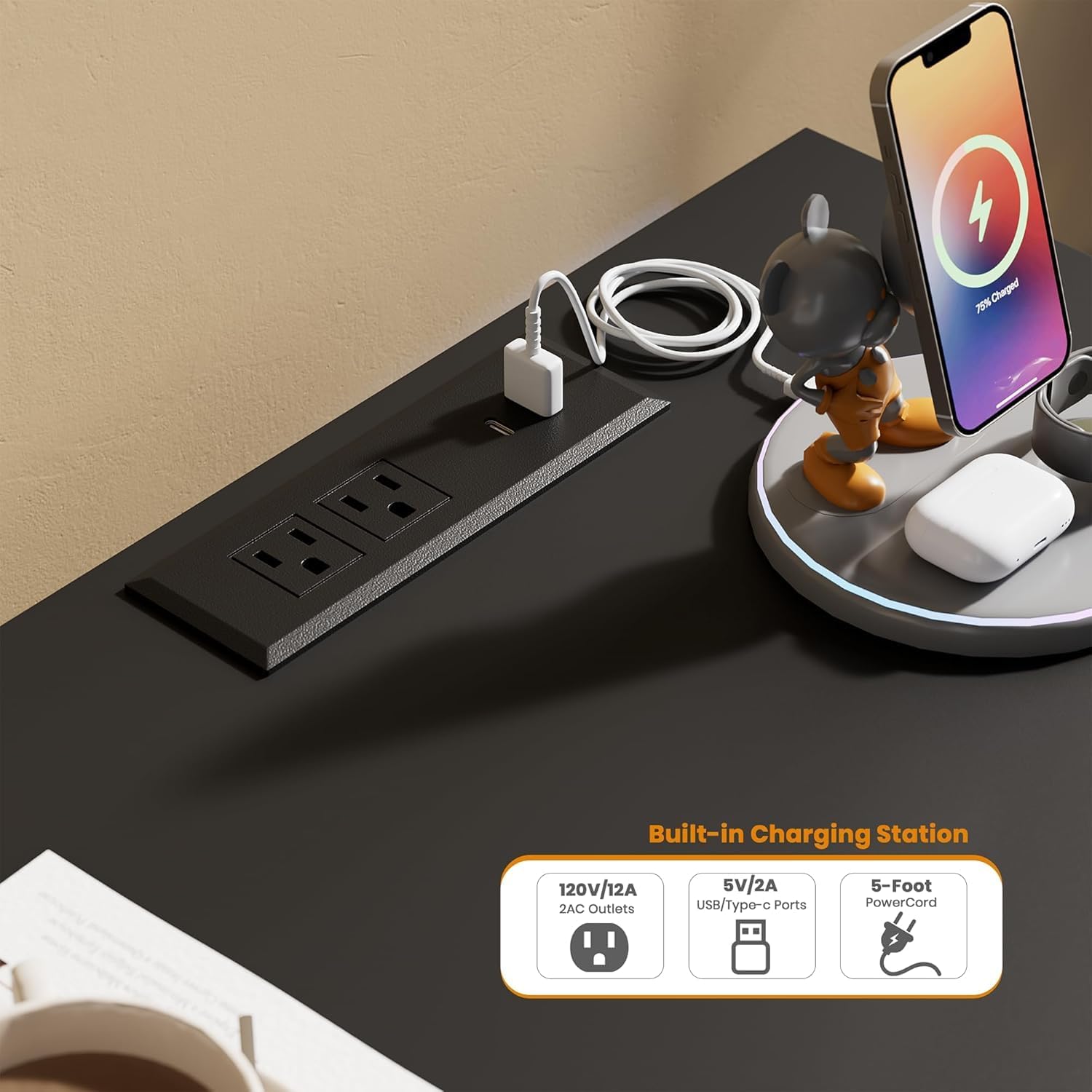 Built-in charging station with AC outlets and USB ports
