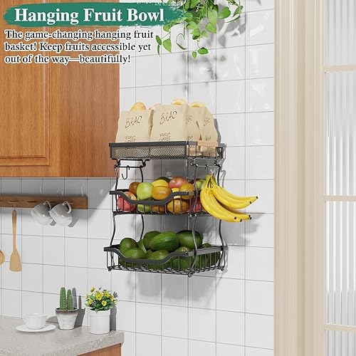 Miniatura 7 de OKZEST Cesta de frutas de 2 niveles para cocina con colgador de plátano, cuenco de almacenamiento de frutas, soporte de plátano para encimera de