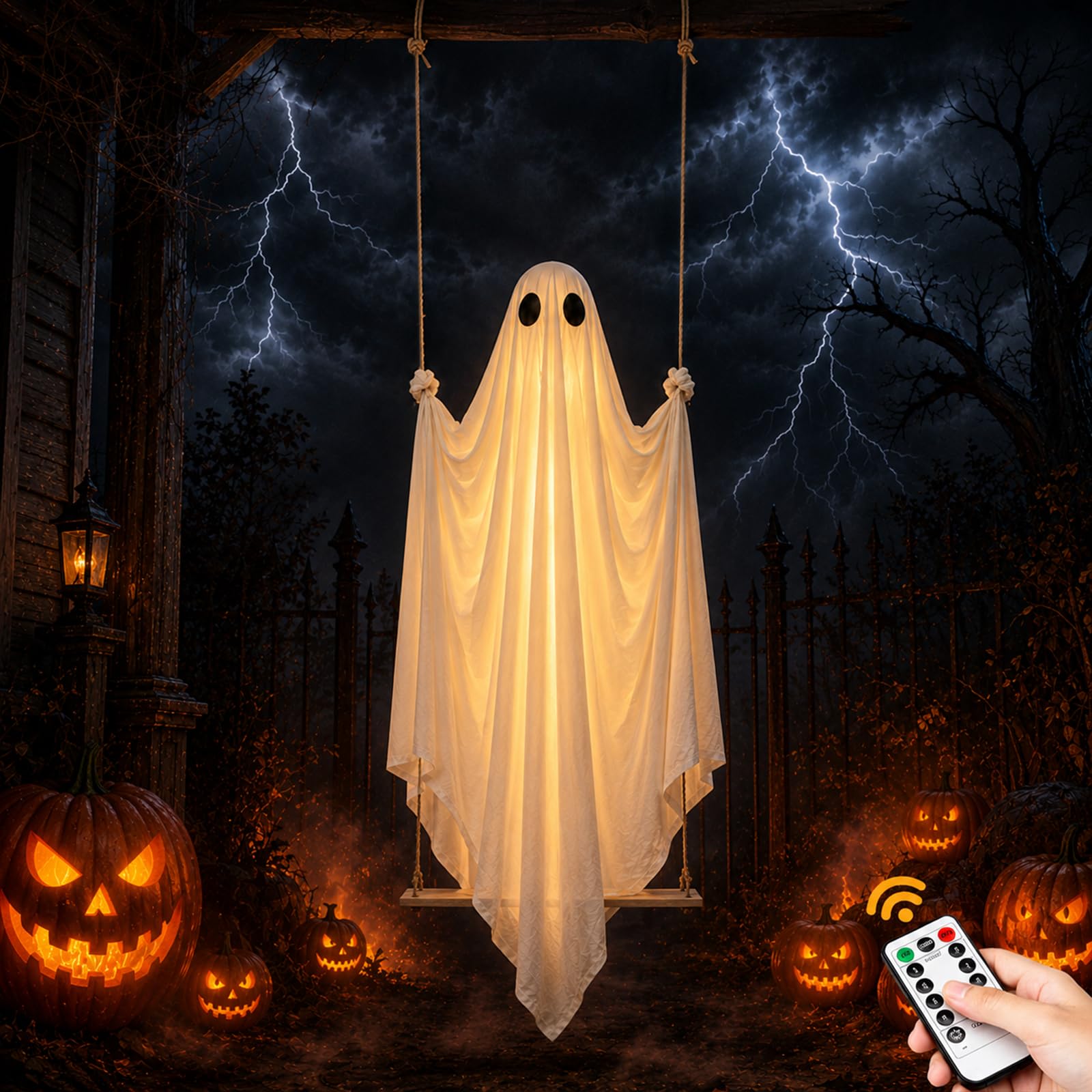 Halloween Swinging Ghost Decoration Kit with Remote Control, Lighted Hanging Ghost Decoration for Yard, Tree, Porch, Indoor Outdoor - Easy Installation with Wooden Swing Seat, Lightweight 0.9kg