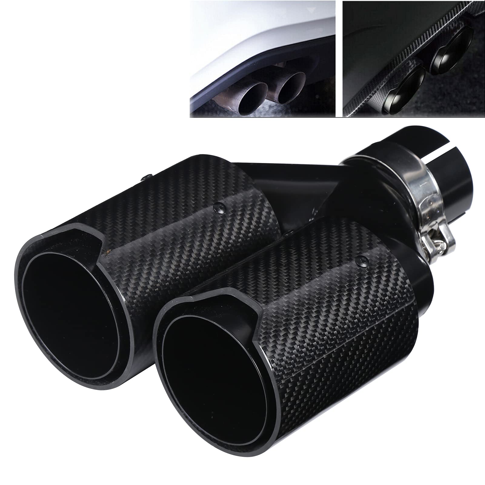 Tip Tuyau D'Échappement de Voiture En Acier Inoxydable 63‑93 Mm En Forme De Y 1‑In‑2‑Out Côté Droit Double Sortie D'Échappement En Fibre De Carbone Noire Pour Performance M