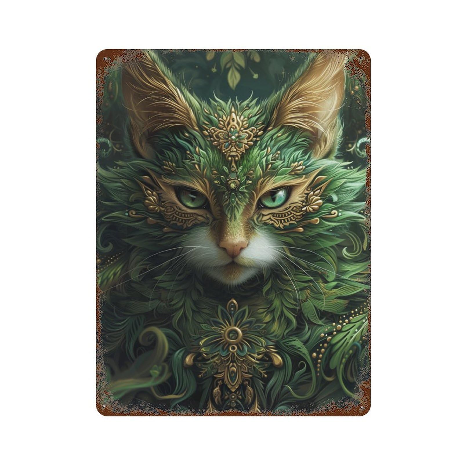 Rusty Metal Tin Sign with Fantasy Forest Cat Artwork Design 15.7"x11.8", for Shed, Workshop And Garage Wall Decor, Classic Wall Plaque