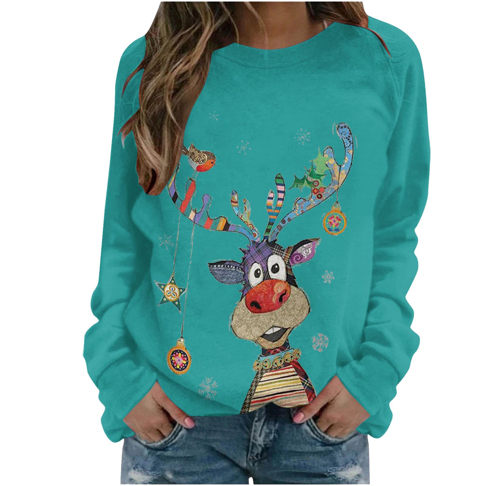 AMhomelyChristmas Sweatshirts for Women - Women's And Men's Tops Winter Christmas Printing Casual Sweatshirts Pullover Tops for Work Officce Sale Clearance UK Size S-5XL