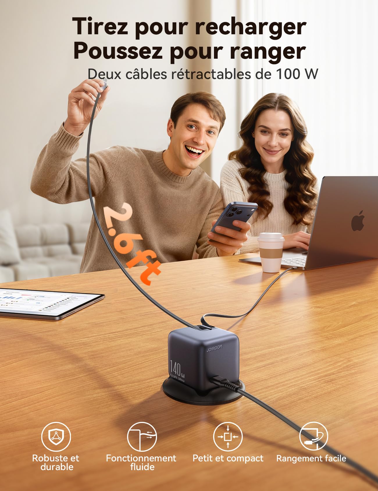 JOYROOM PODIX 5‑in‑1 Station de Recharge 140W GaN, Double Câble Rétractable 100W, Écran Intelligent 1,54", Design Rotatif 180°, Compatibilité Universelle MacBook iPhone Samsung Huawei, Bureau & Maison