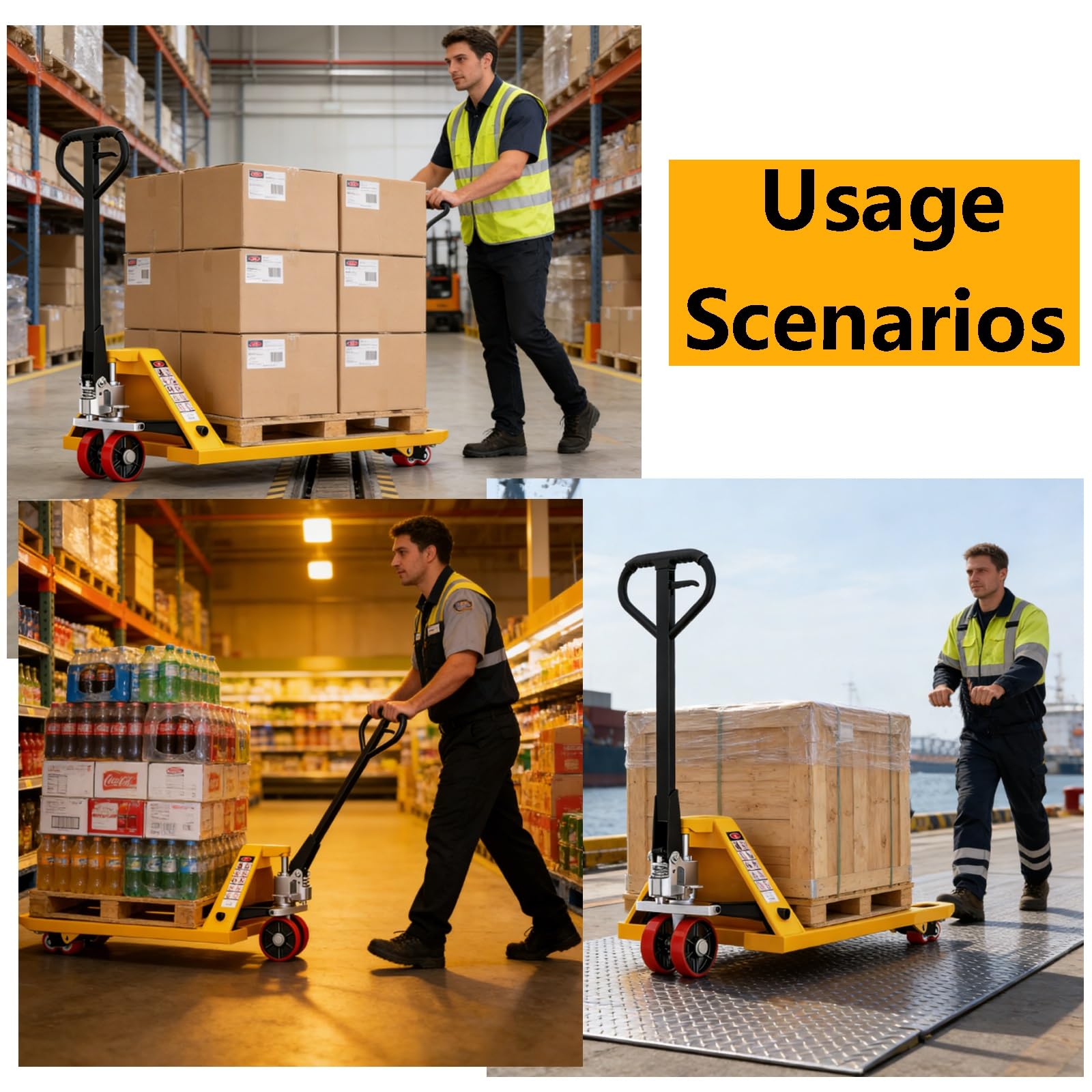 Transpallet Manuale, di Colore Giallo ad Alta visibilità per Una Maggiore Sicurezza, con Ruote silenziose in Poliuretano, Ideale per la movimentazione di Pallet in Magazzini(2-tons)