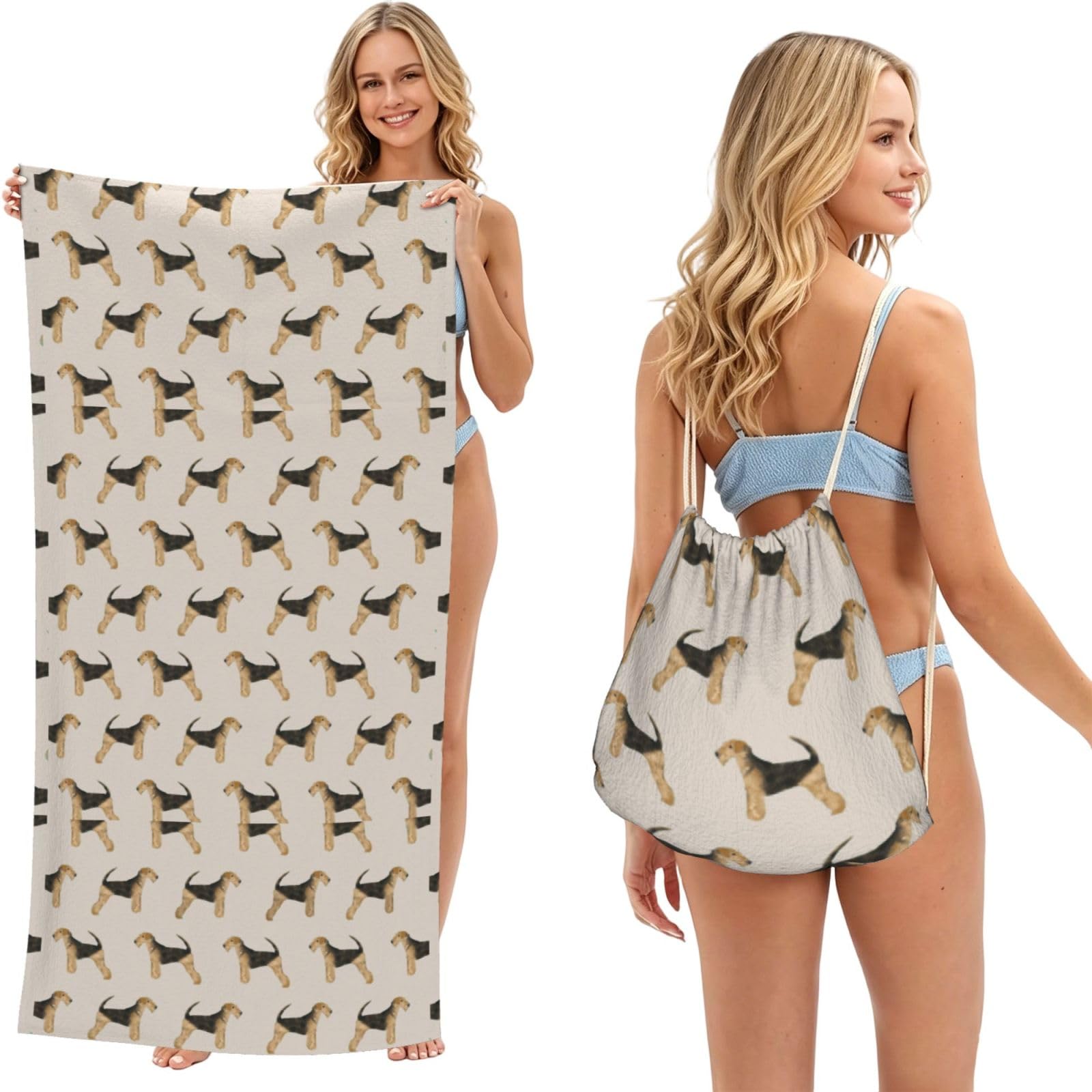 Poadnly As Picture Airedale Terrier Dog, 2 In 1 Packable Towel Bag, Beach Towels With Drawstring Backpack For Travel Holiday Camping