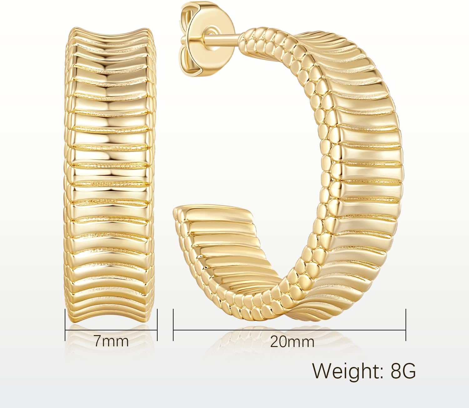 Gold Hoop Earrings for Women 14K Gold Hoop Earrings for Women Hoops Earring for Womens C-Shaped with Uniform Ridged Textures Statement Hoops Studs Earring for Womens 20mm - Image 2