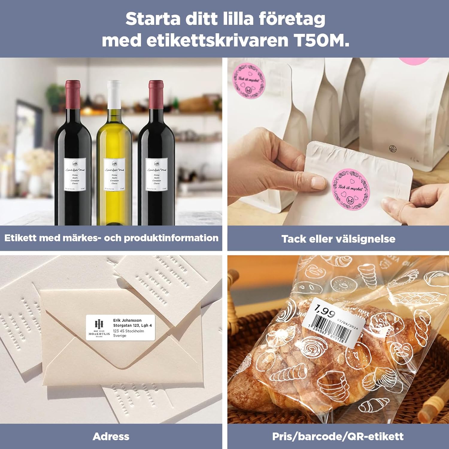 Small business applications for labels: wine bottle labels, thank you stickers, address labels, and price/barcode/QR labels.