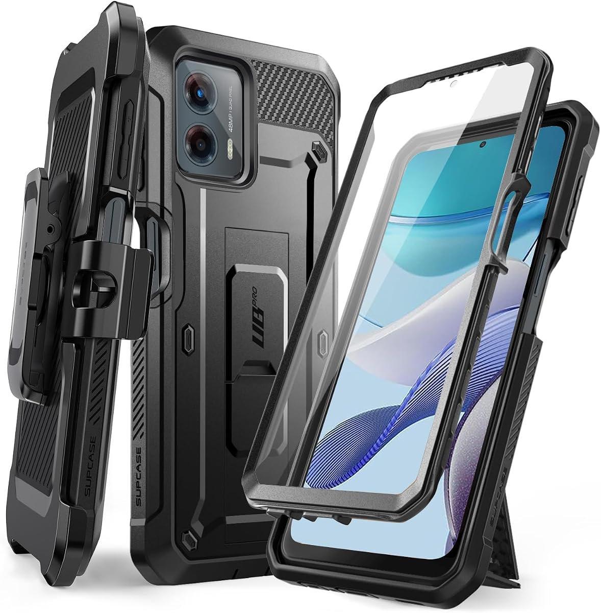 SUPCASE para Funda Moto G 5G (2023) con Protector de Pantalla y Soporte, Negro | Soporte integrado, clip para cinturón giratorio de 360°, funda para teléfono resistente y resistente, protección de grado militar, Unicorn Beetle Pro