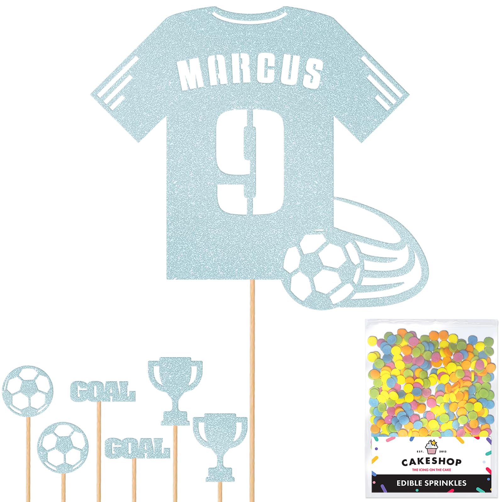 Personalised Birthday Football Kit Jersey Cake Topper- Light Blue Any Name & Age Number Glitter Cake Decoration and Sprinkles - Happy Birthday Decorations - Personalised Toppers for Cakes by Cakeshop