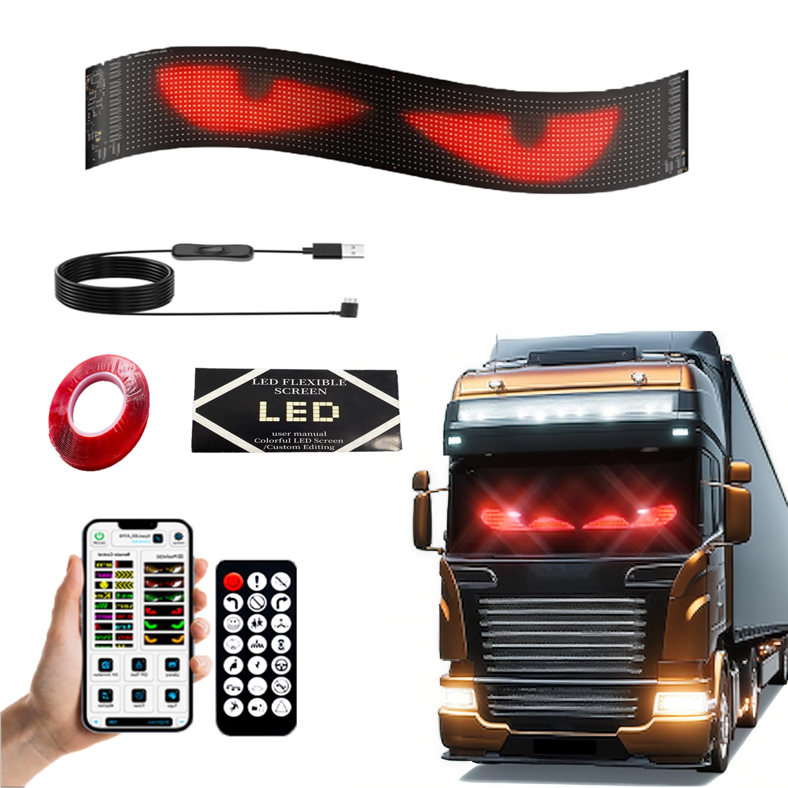 Photo 1 of 1 Pack 69.4"x7.6" LED Devil Eyes Light Sign for Cars, Truck Windshield LED Eyes, Programmable via App/Remote Control, USB-Powered Flexible Panel, Custom Dynamic Patterns for SUVs, Medium Trucks
