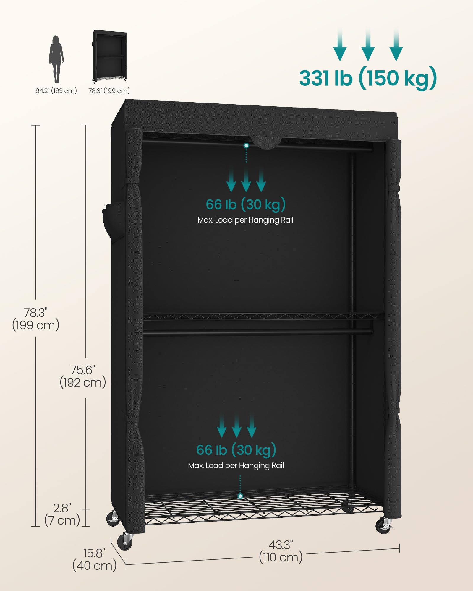 SONGMICS Armadio portatile, appendiabiti resistente, appendiabiti largo 100 cm su ruote, con ripiani in rete regolabili e aste appendiabiti, copertura in tessuto, nero inchiostro ULGR415B01