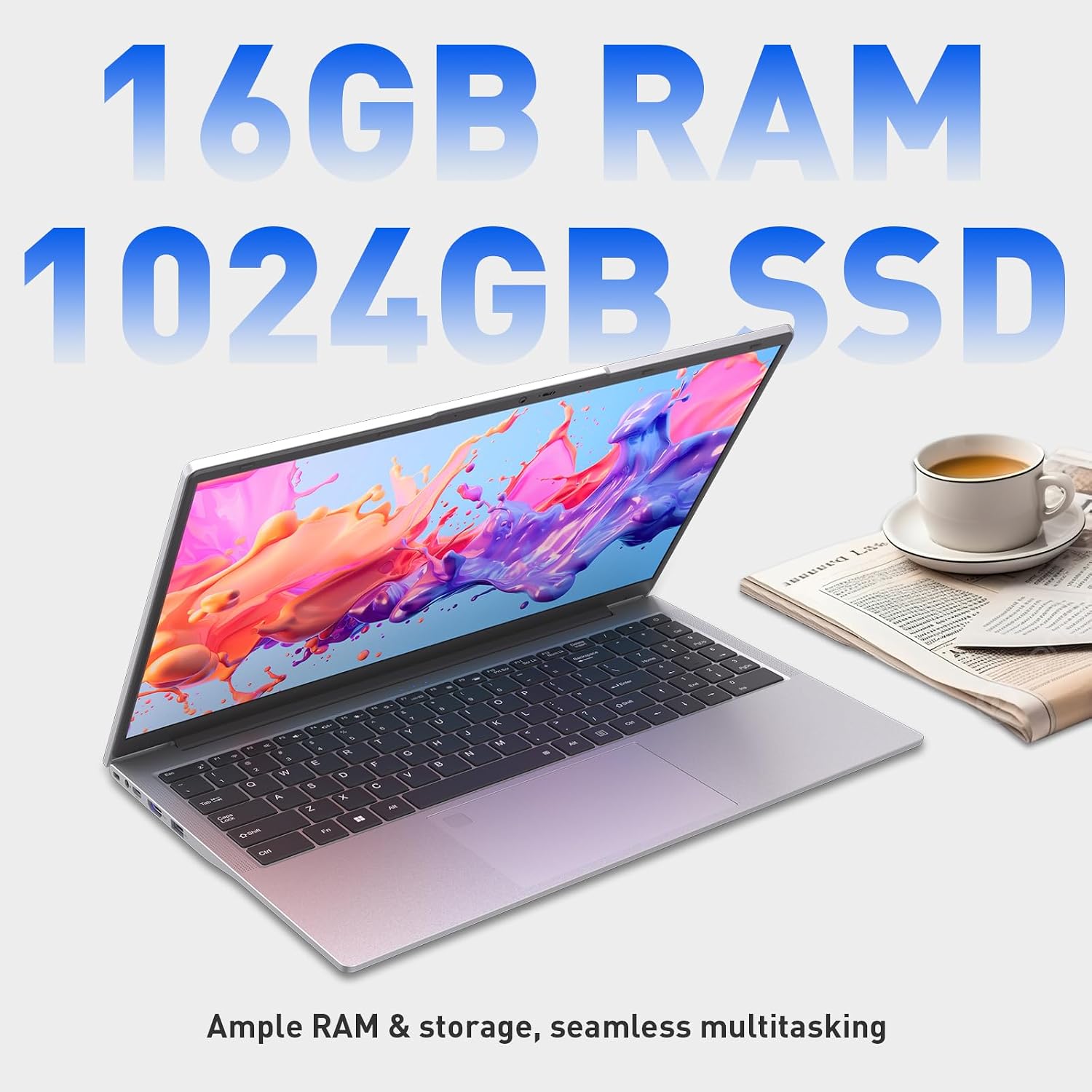 15.6" FHD IPS Laptop Computer, 16GB Dual RAM 1TB SSD, Win 11 Pro, Full-Function USB-C, USB 3.0/2.0, HDMI, Backlit Keyboard, Fingerprint Reader, Privacy Webcam, Dual Core 4T Processor, Silver image 3