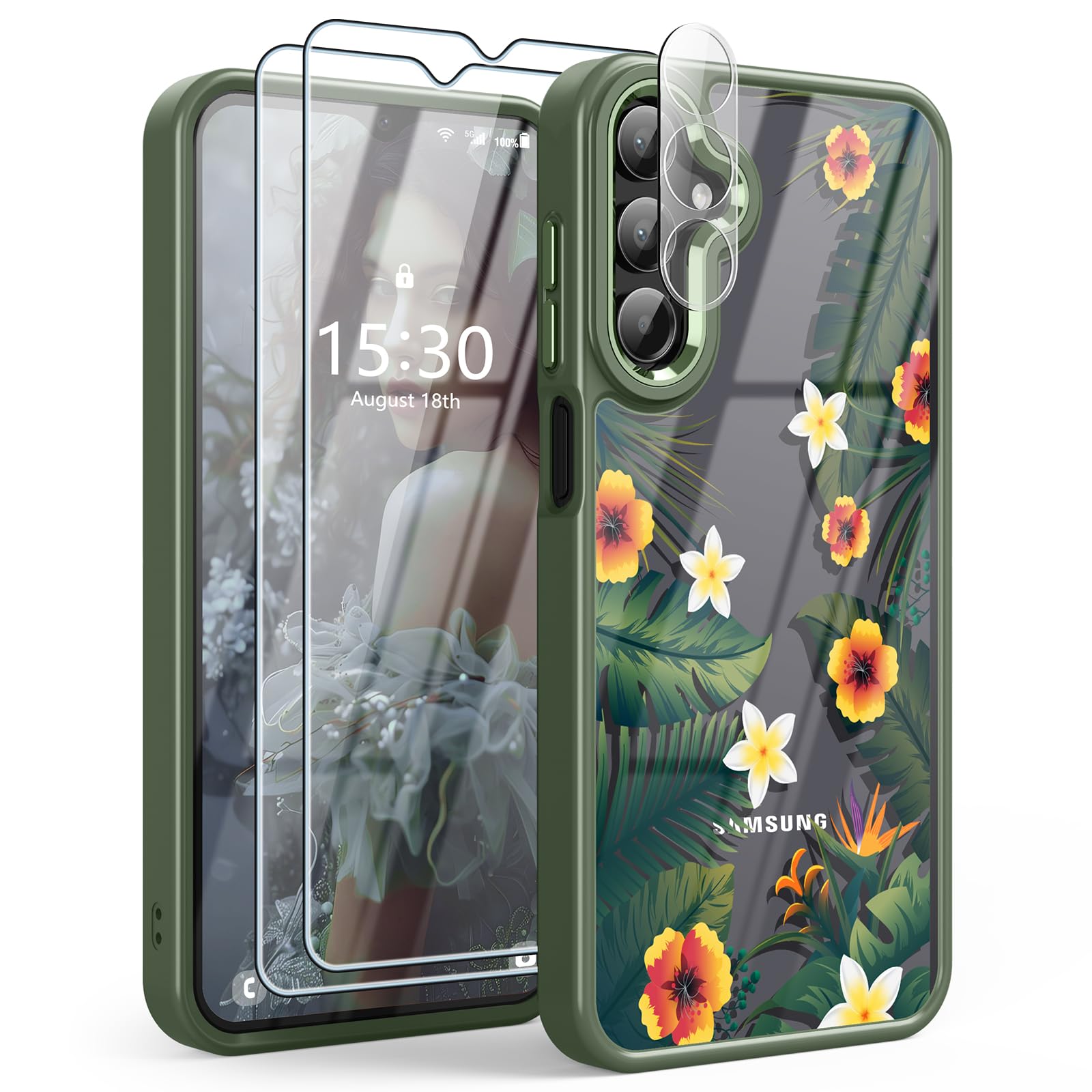CASBST for Samsung Galaxy A15 5G Case with 2X Screen Protector and A Camera Lens Protector, Floral Pattern Shockproof Soft TPU & Hard PC Women Girls