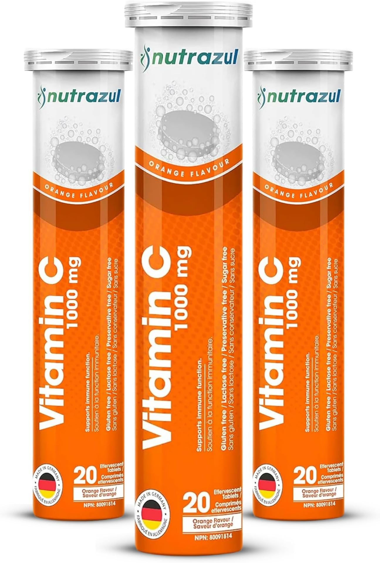 Vitamin C 1000mg Effervescent Tablets, VIT C Supplement to Help Maintain Immune Function, Gluten-Free, Lactose-Free, Sugar-Free, Preservative-Free, Orange Flavor, 20 Count, Pack of 3