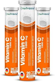 nutrazul Vitamin C 1000mg Effervescent Tablets, VIT C Supplement to Help Maintain Immune Function, Gluten-Free, Lactose-Free, Sugar-Free, Preservative-Free, Orange Flavor, 20 Count, Pack of 3