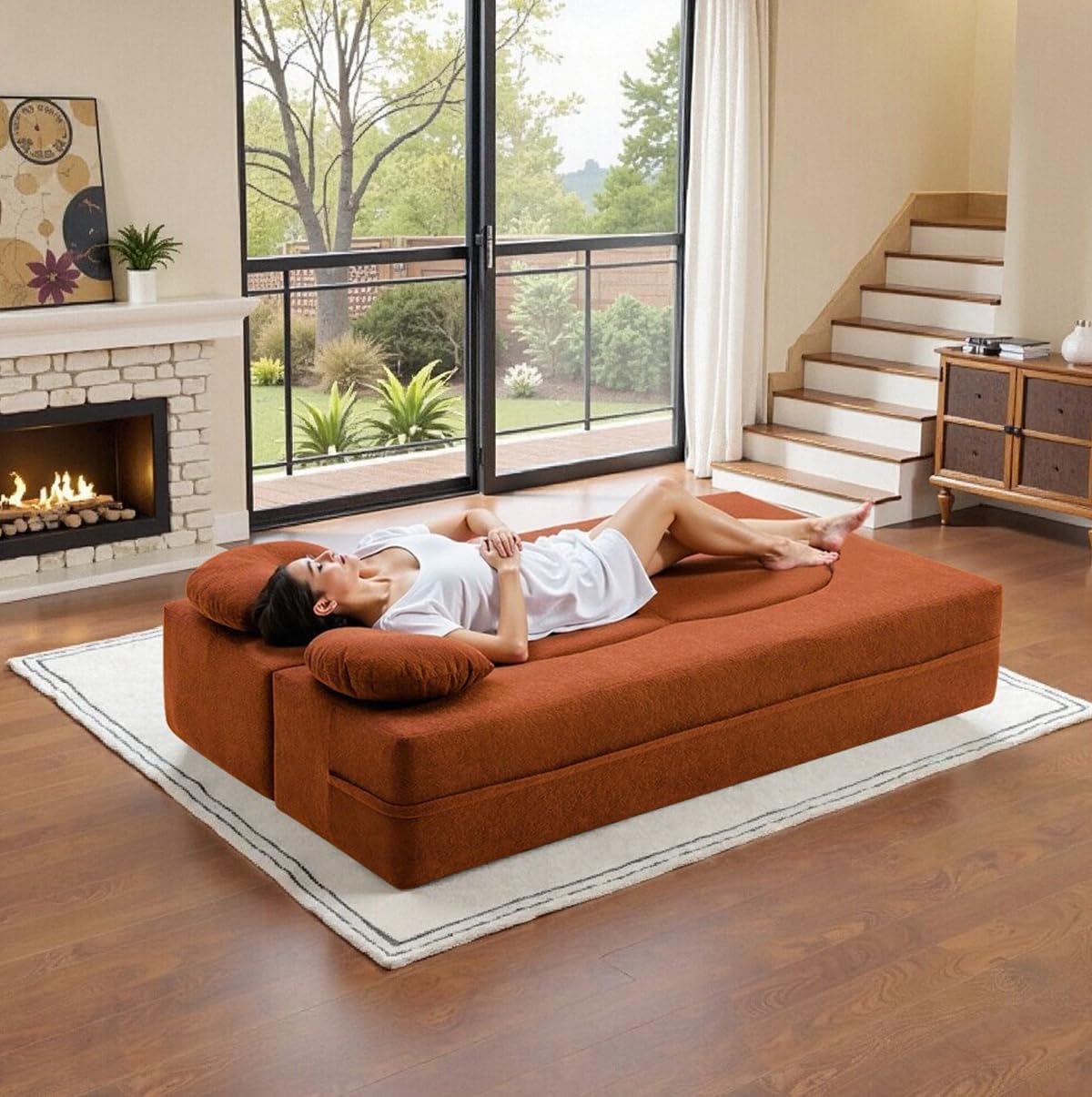 75.5" Teddy Fabric Convertible Modular Sofa Bed with 2 Round Toss Pillows, 2-in-1 3-Seater Floor Couch with Memory Foam Mattress & Non-Slip Bottom for Living Room,Bedroom,Apartment