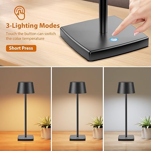 Miniatura 3 de Lámpara de mesa inalámbrica recargable, batería de 6000 mAh carcasa de aluminio de metal USB LED lámpara de escritorio portátil, 3 niveles de brillo