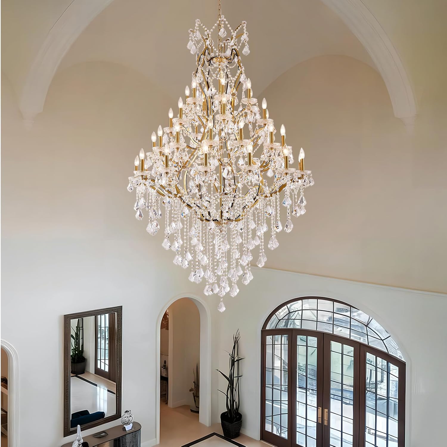 42 Lights Large Crystal Chandeliers for High Ceilings Brass Maria Theresa Chandelier Light Fixture Modern Chandelier for Foyer Hallway Entryway Staircase 75" H x 49.2" D