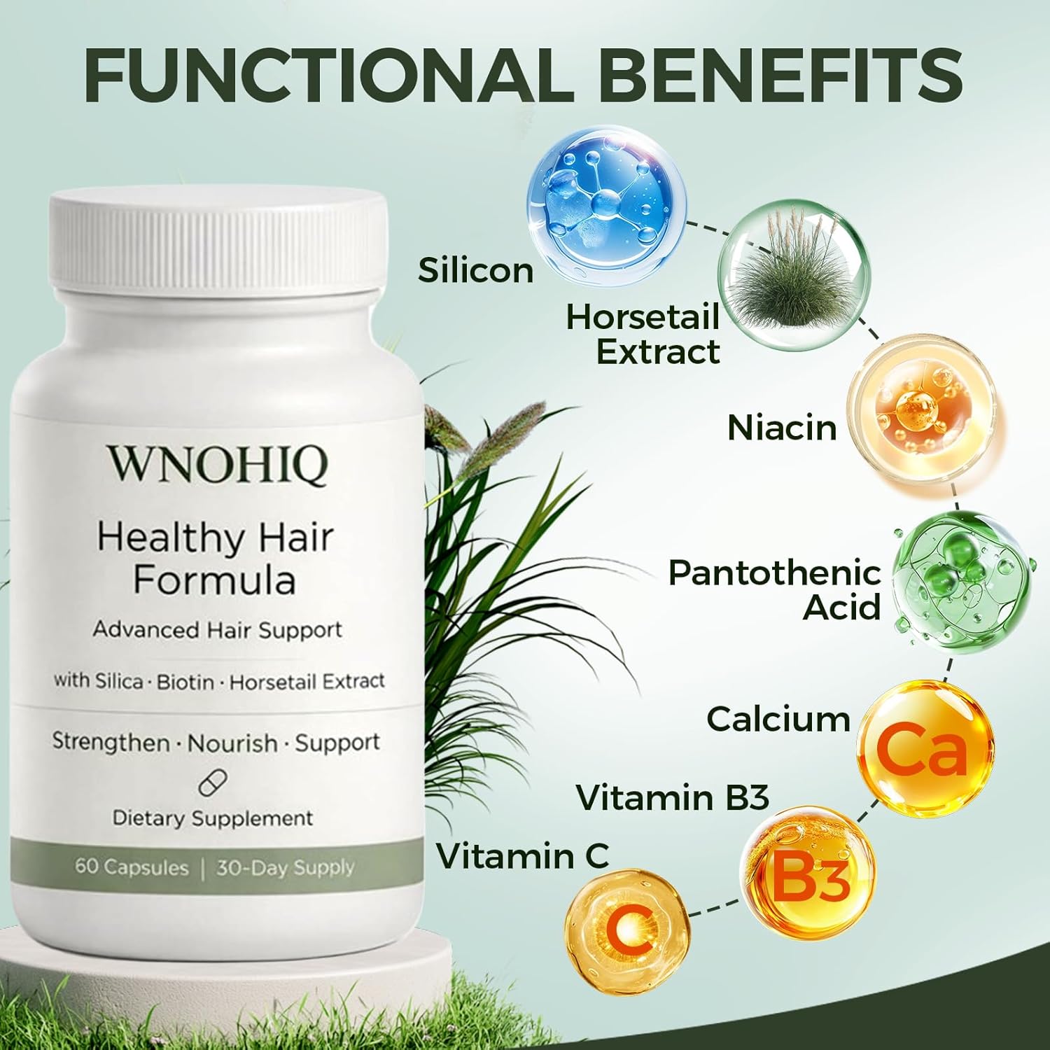 Healthy Hair Formula, Hair Growth Supplement for Women with Silica, Horsetail Extract & Vitamins, Supports Hair Strength, Thickness & Shine, Non-GMO & Gluten Free, 60 Capsules- 30 Day Supply