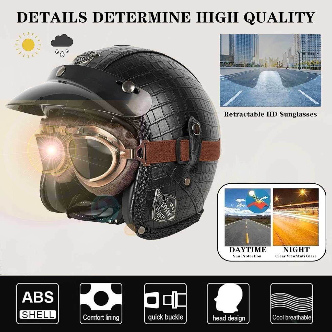 Cascos Abiertos De Moto Vintage DOTECE Homologado 3/4 Cuero Casco Moto Jet Abierto Custom Scooter para Mujer Hombre Adultos Cascos Motocicleta Cascos Half-Helmet