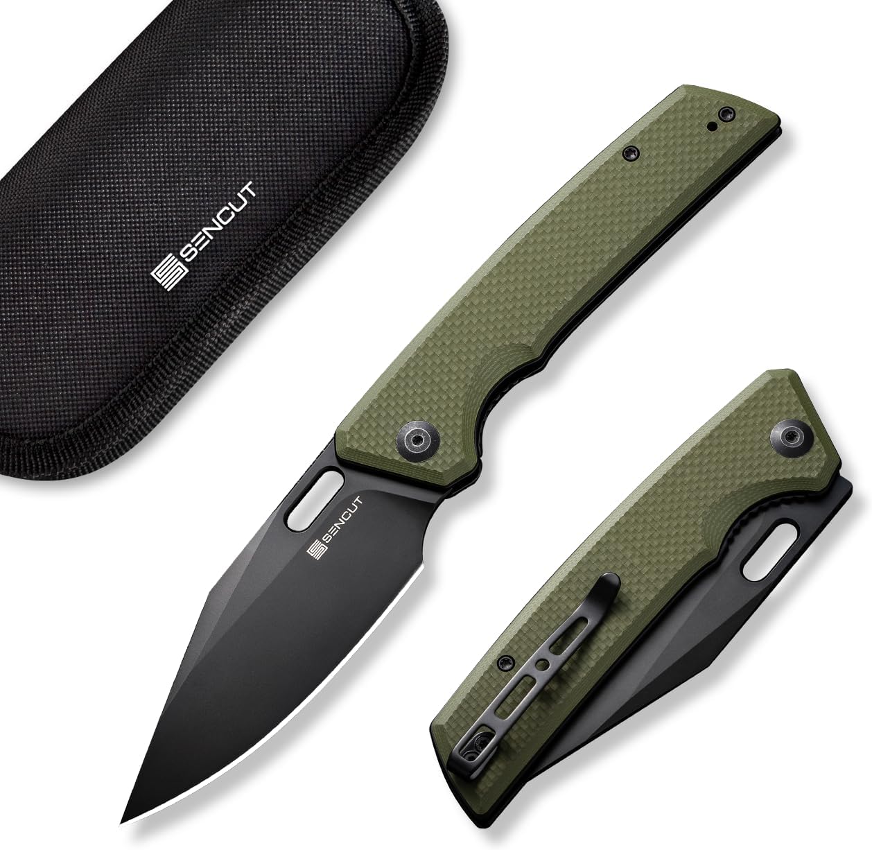 SENCUT GlideStrike Pocket Knife for EDC, Folding knife with Thumb Hole Openning, Textural Coarse G10 Handle with Deep Pocket Clip, Ideal Gift for Men Women S23018-3 (OD Green)