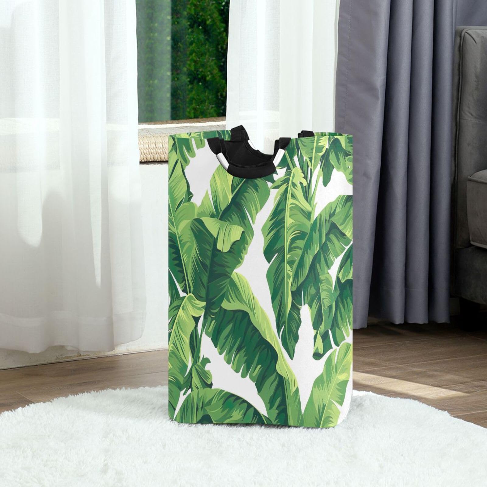 Jihqo Laundry Hamper Basket Tropical Palm Leaf Collapsible Nursery Storage Bin Waterproof Clothing Baskets for Home Bedroom Bathroom Washing Room