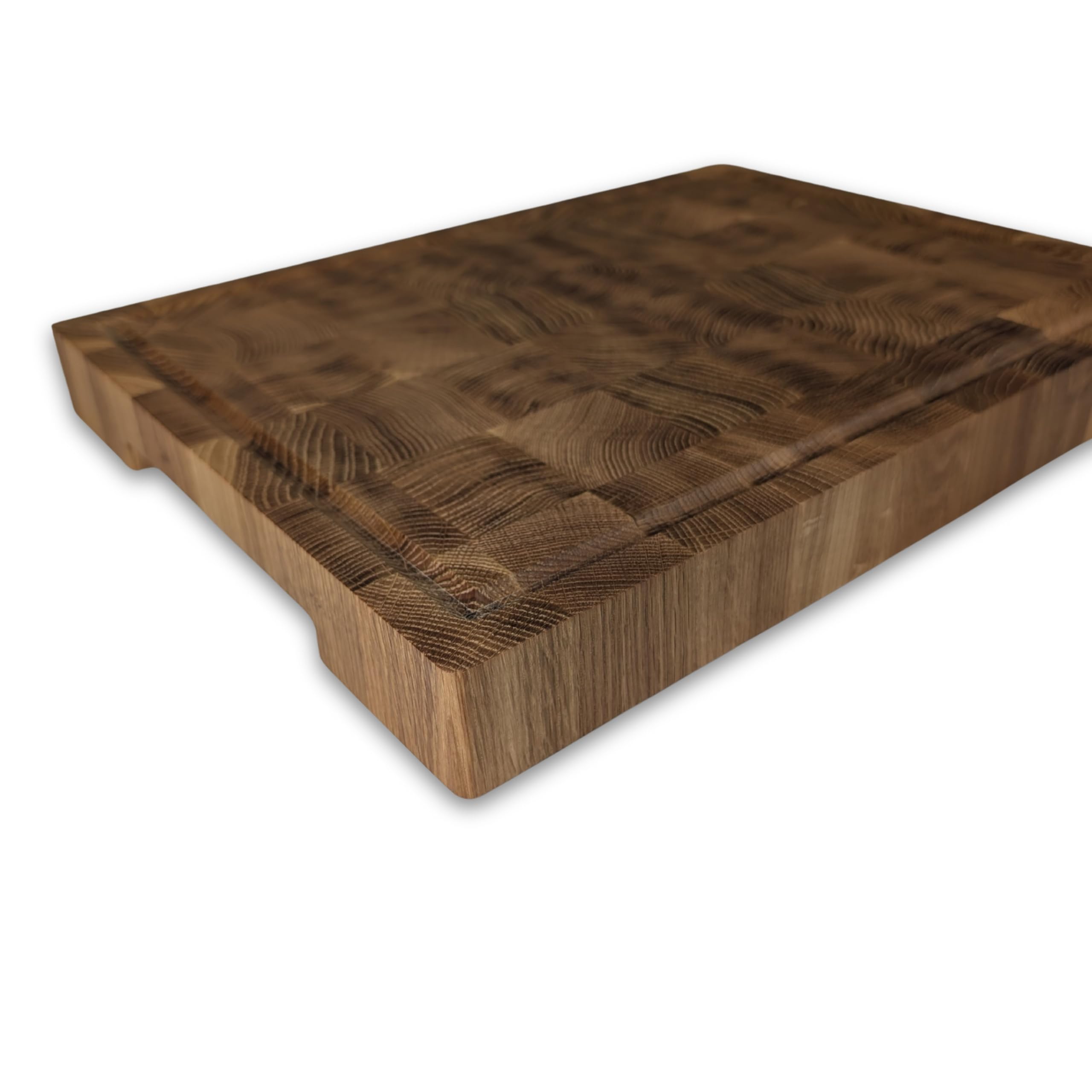 XL Premium Stirnholz Schneidebrett Eiche 50x40x4,5 cm mit Saftrille – Massives Küchenbrett Holz mit Griffmulden & Silikonfüßen – Schneidebrett Eiche massiv