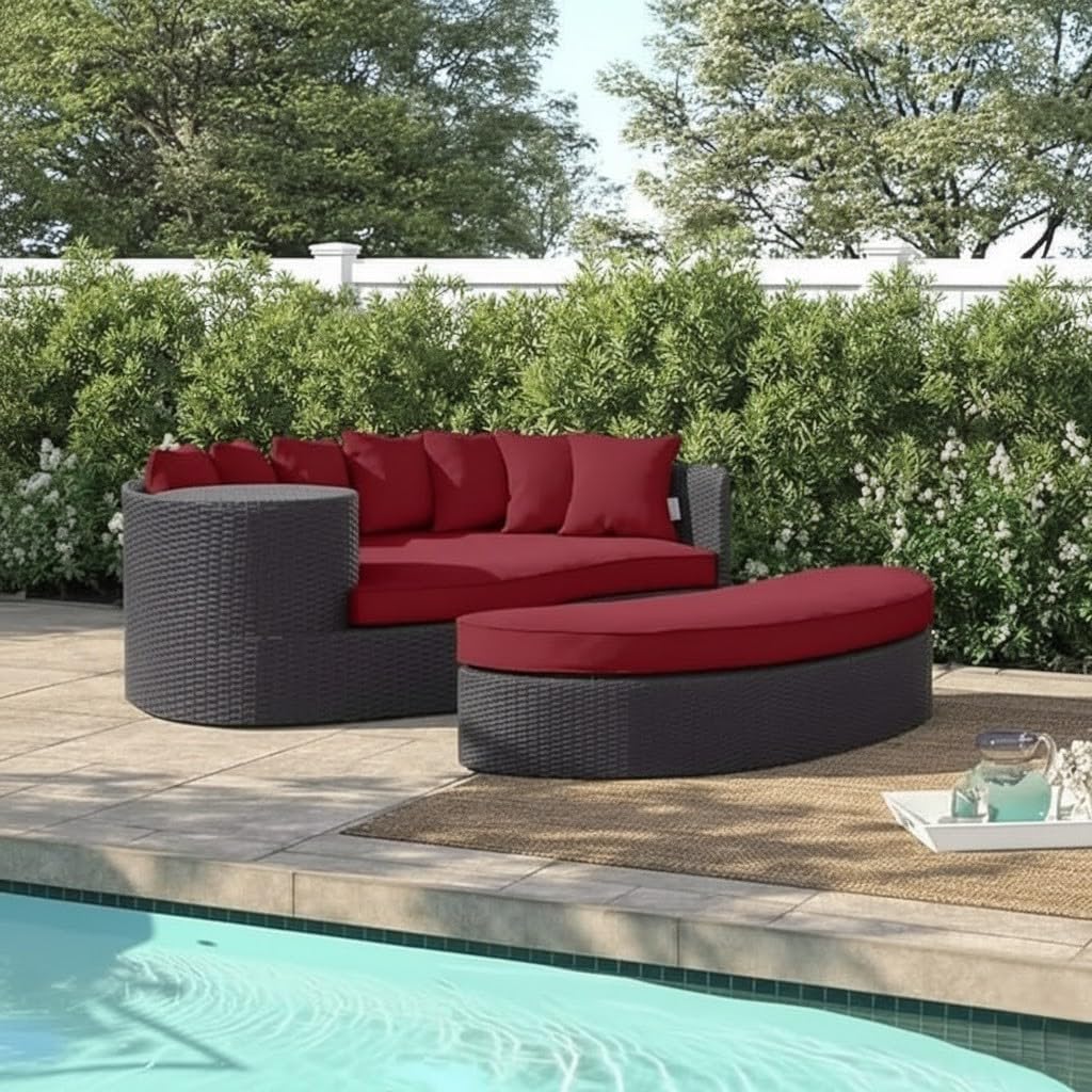 LOCCUS 2 Piece Outdoor Wicker Rattan Daybed Set with Ottoman | Modular Patio Sofa Seating for Garden, Balcony, Terrace & Porch | All-Weather HDPE Rattan Furniture with Cushions (Dark Brown & Red)-image-9