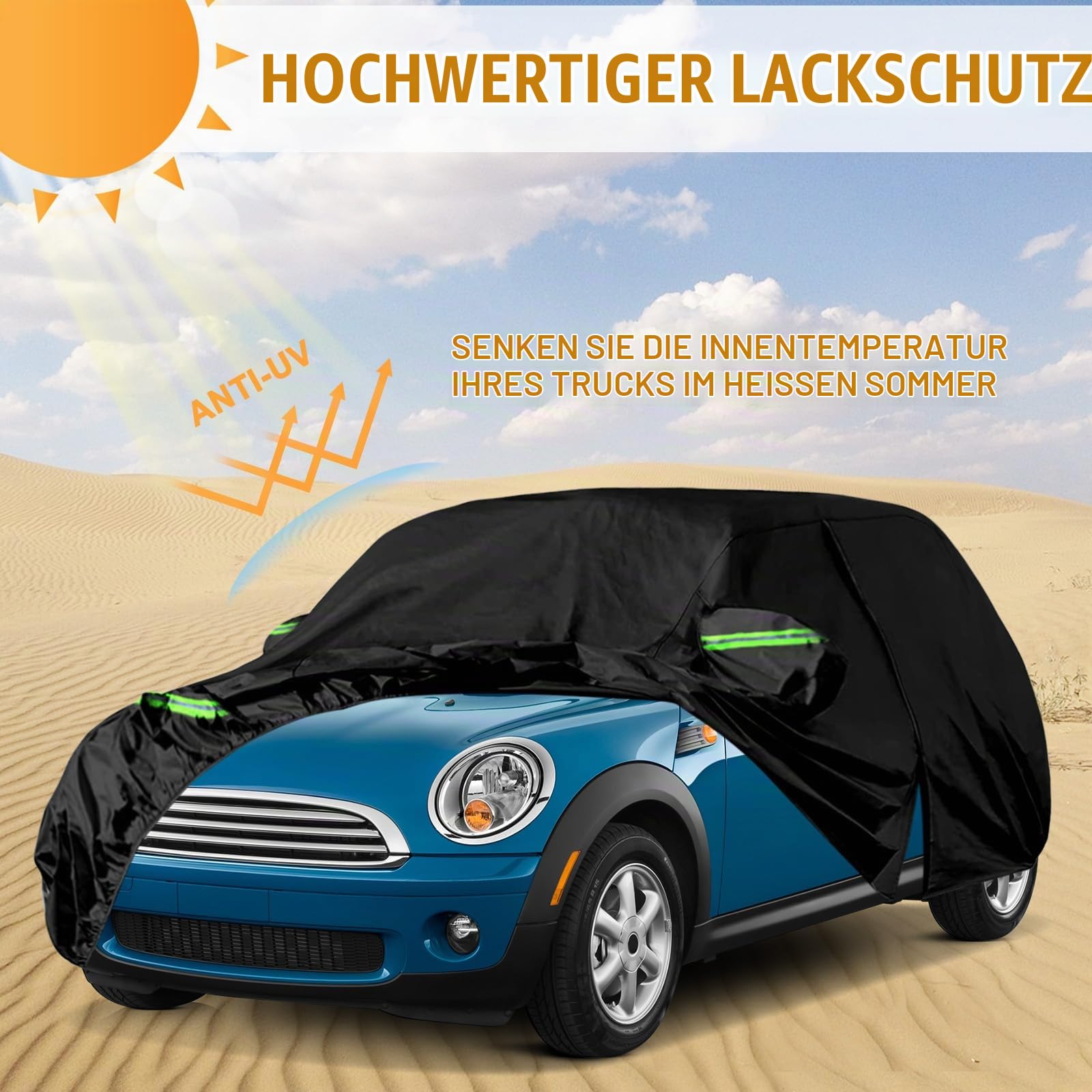Autoabdeckung für Mini Cooper 3 Türer 2000-2026, 300D Schwarz Vollgarage | Wasserdicht Autoplane mit Reißverschlusstür für Schnee, Regen, Allwetterschutz