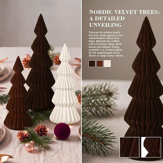 Set of 3 Velvet Ceramic Christmas Tree Decor, Brown,White,Coffee