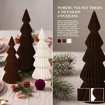 Set of 3 Velvet Ceramic Christmas Tree Decor, Brown,White,Coffee