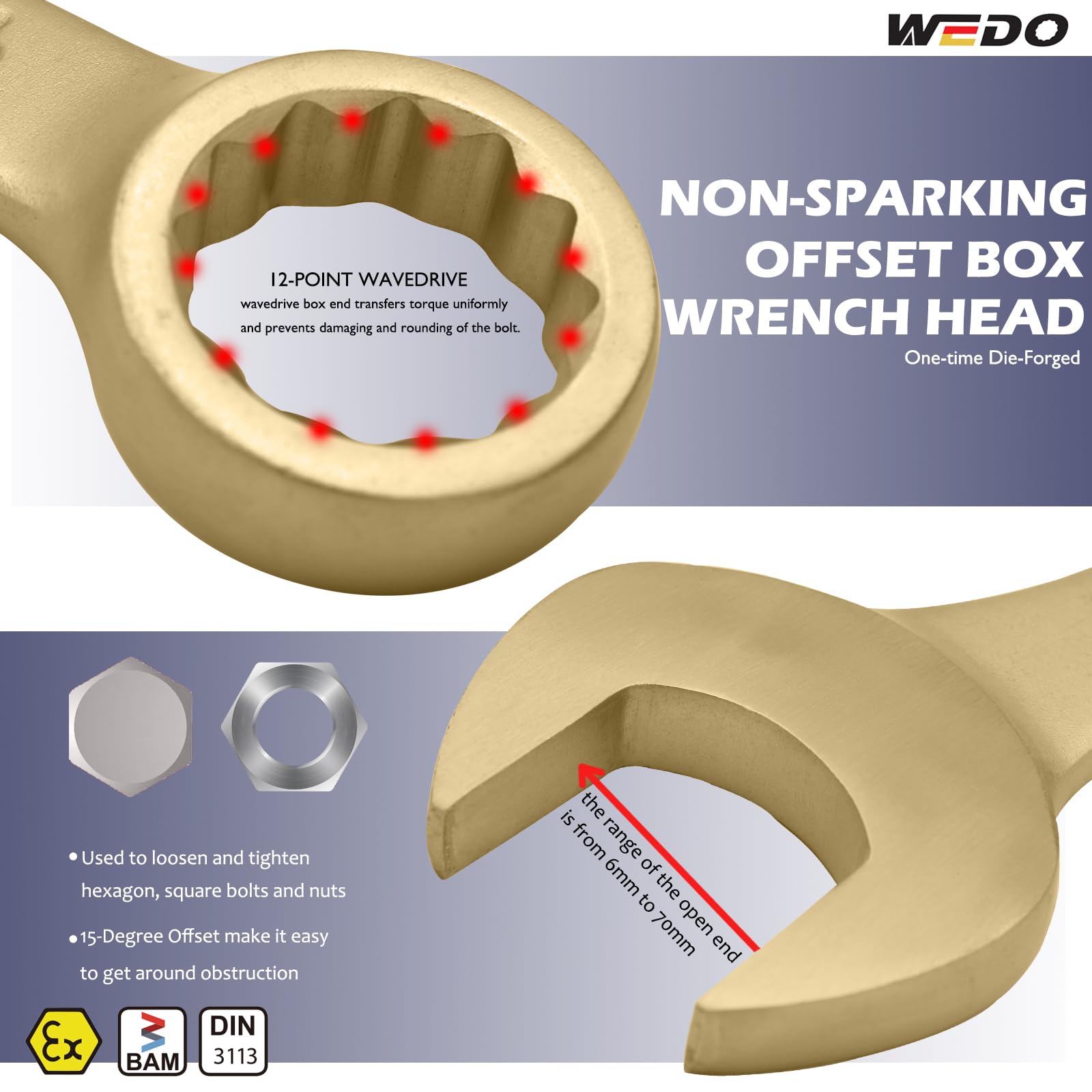 WEDO Nieiskrzący klucz płasko-oczkowy 32 mm, metryczny, długość 340 mm, 12-punktowy bez iskier, klucz offsetowy 15-stopniowy, brąz aluminiowy, odporność na korozję, certyfikat DIN 3113, BAM i FM