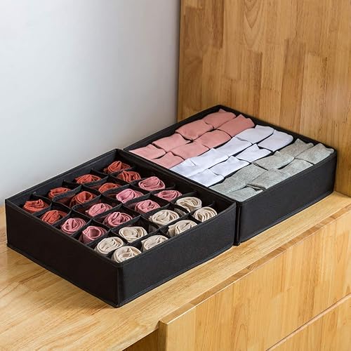 Miniatura 4 de Qozary - Paquete de 2 cajas separadoras de cajón, 24 o 16 compartimientos, plegable, organizador de clóset para guardar calcetines, lencería, ropa