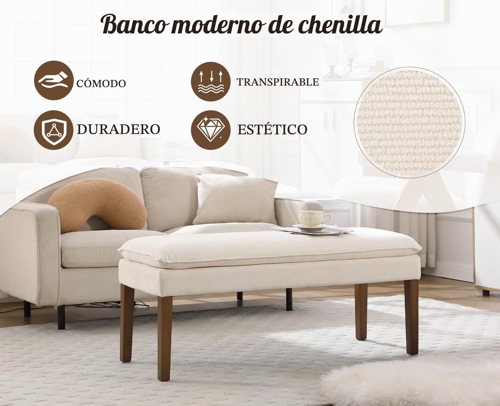 Ya-Home Banco Pie de Cama Banco Tapizado de Chenille,Blanco | Chenille, Patas de Madera, 19cm Cojin Doble Capa, Almohadillas Antideslizantes, para Pasillo/Dormitorio/Recibidor, MAX 136KG